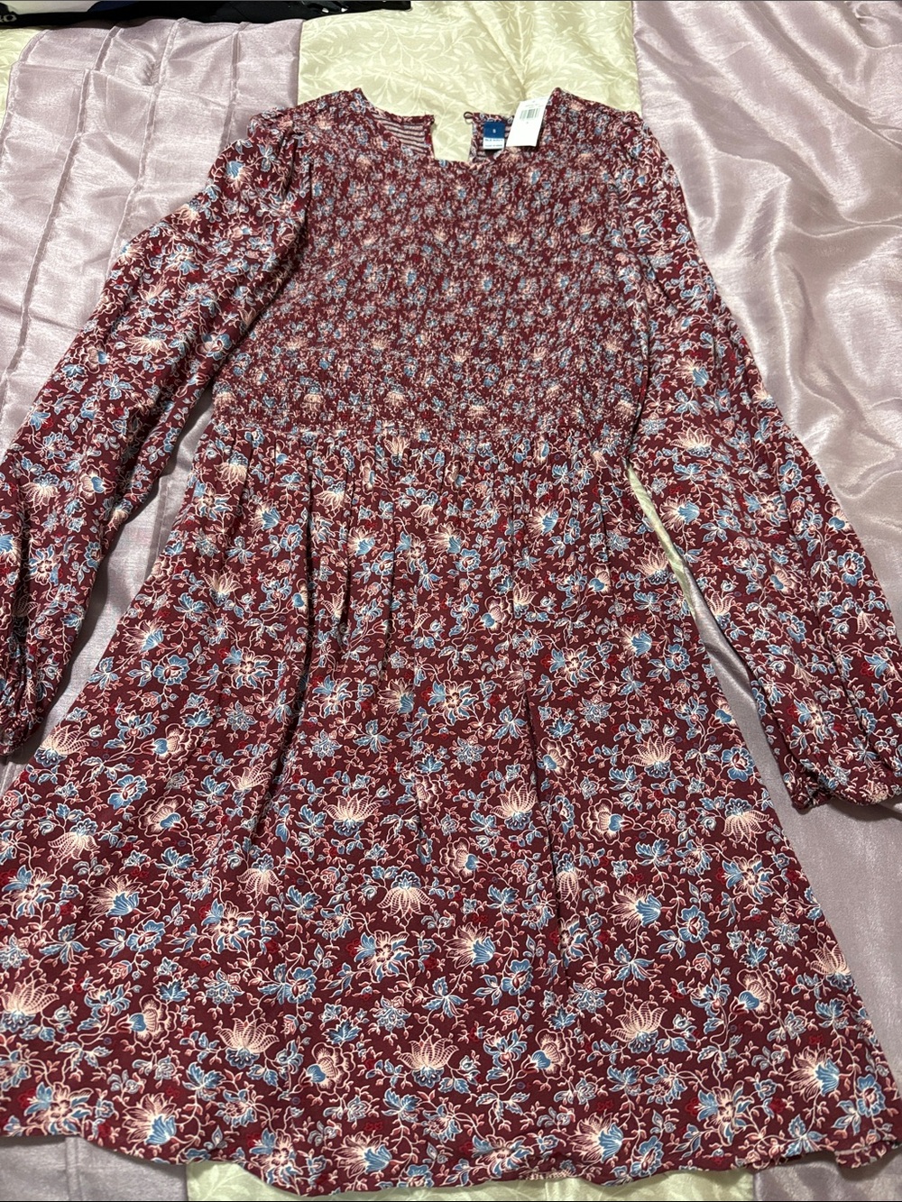 Old Navy Burgundy Floral Smocked Dress with Blue Accents